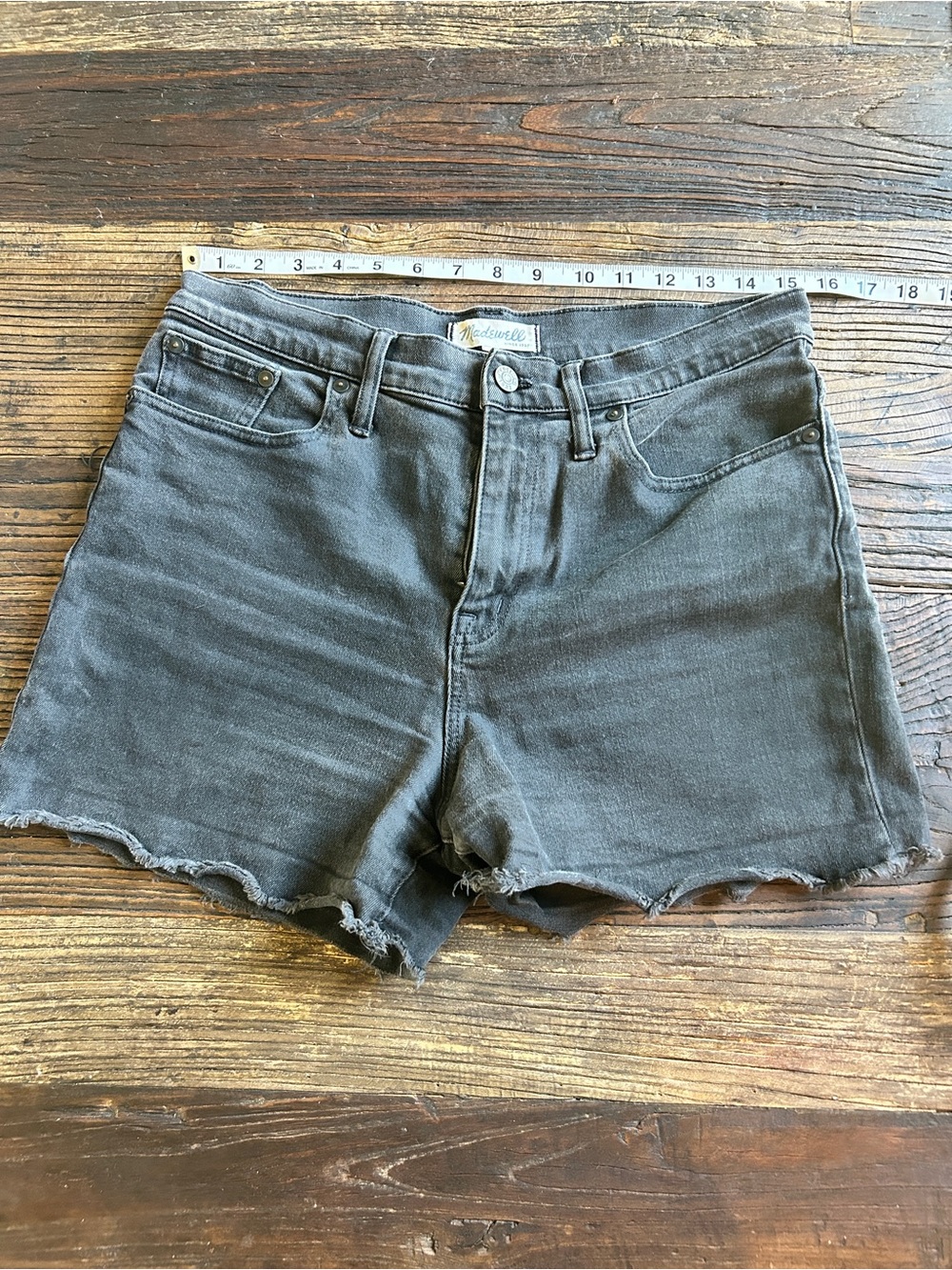 Madewell | Distressed Black/Charcoal Gray High-Rise Denim Shorts